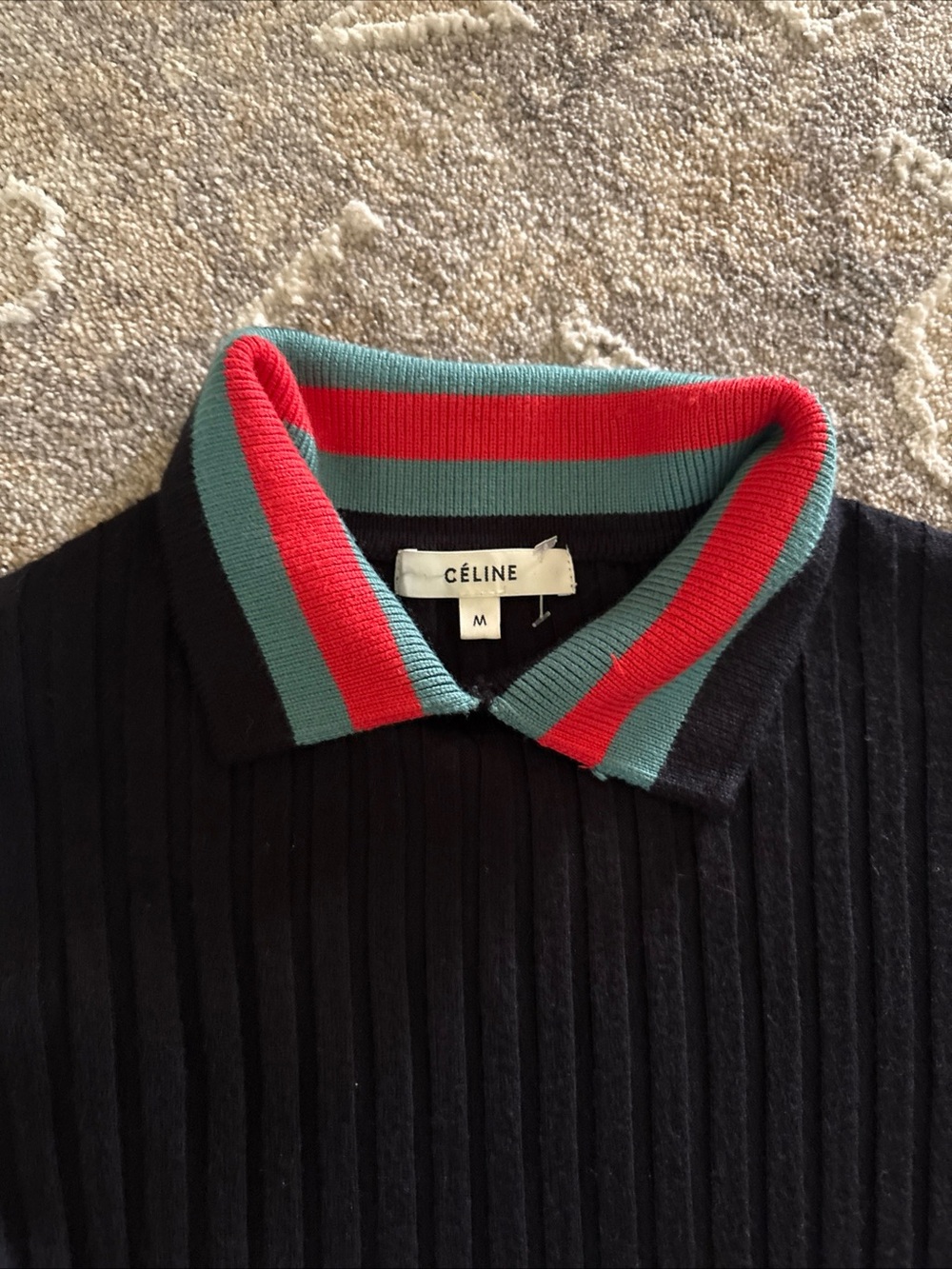 Celine Black Ribbed Polo Midi Dress with Red and Yellow Stripes - Picture 2 of 16